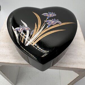Trinket Box Vintage Yamanaka Heart Shaped Box Black Plastic Floral